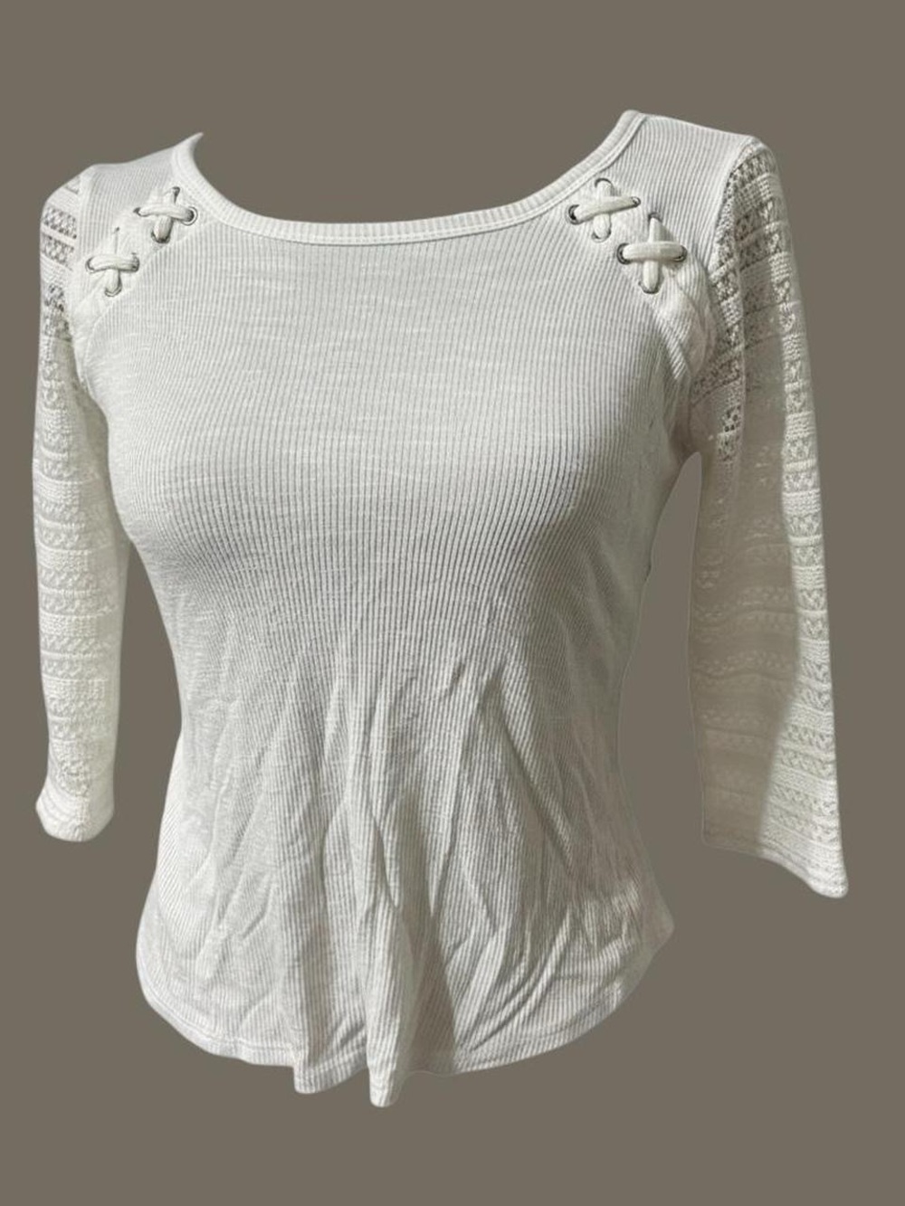 Arizona White Lace-Up Sleeve Top Size S Boho Blouse